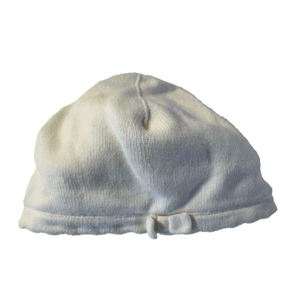 Janie and Jack Chic Cream Girls Beanie Hat Scalloped Edge Bow Cotton Knit 12- 18
